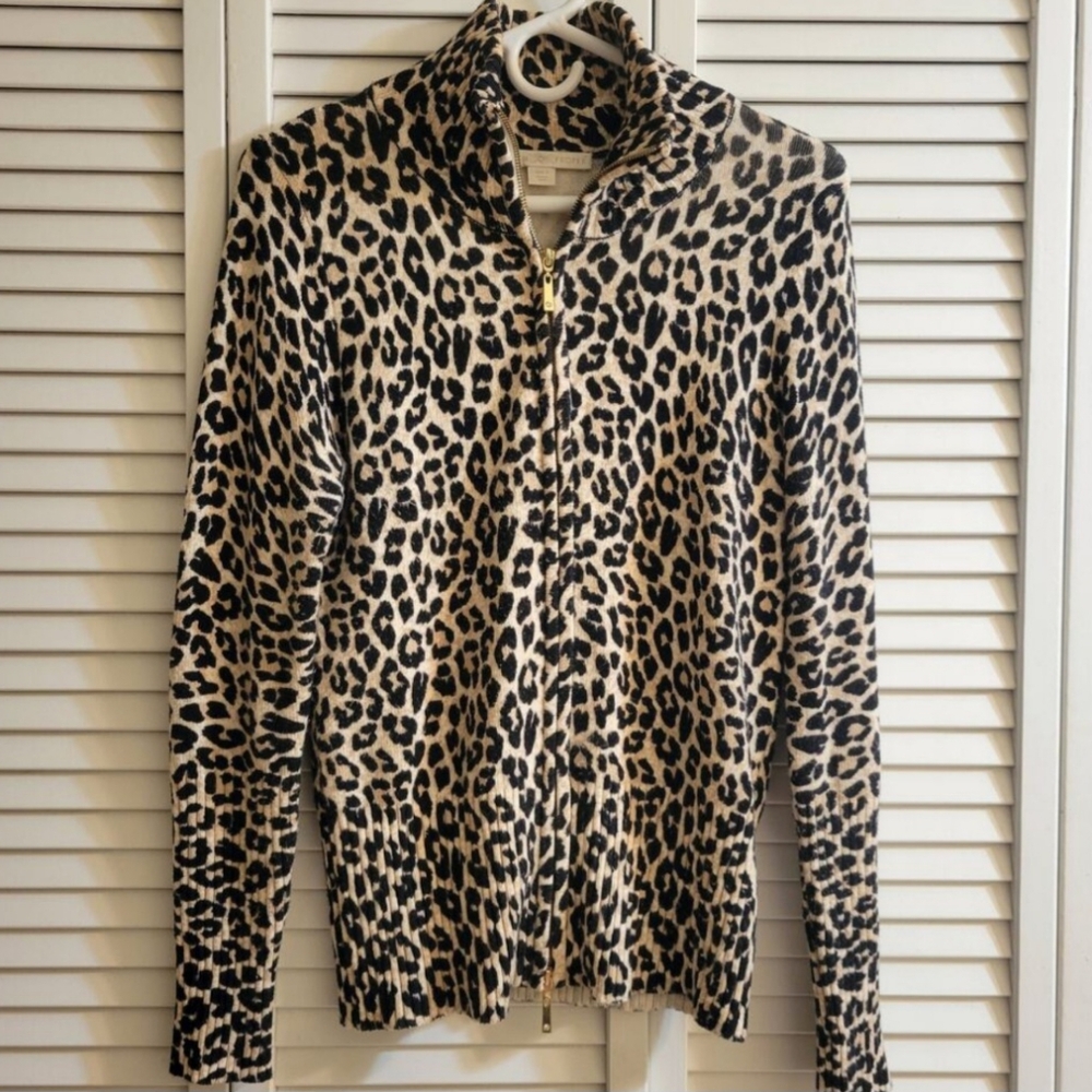 Boston Proper leopard Print Zip-Up Sweater